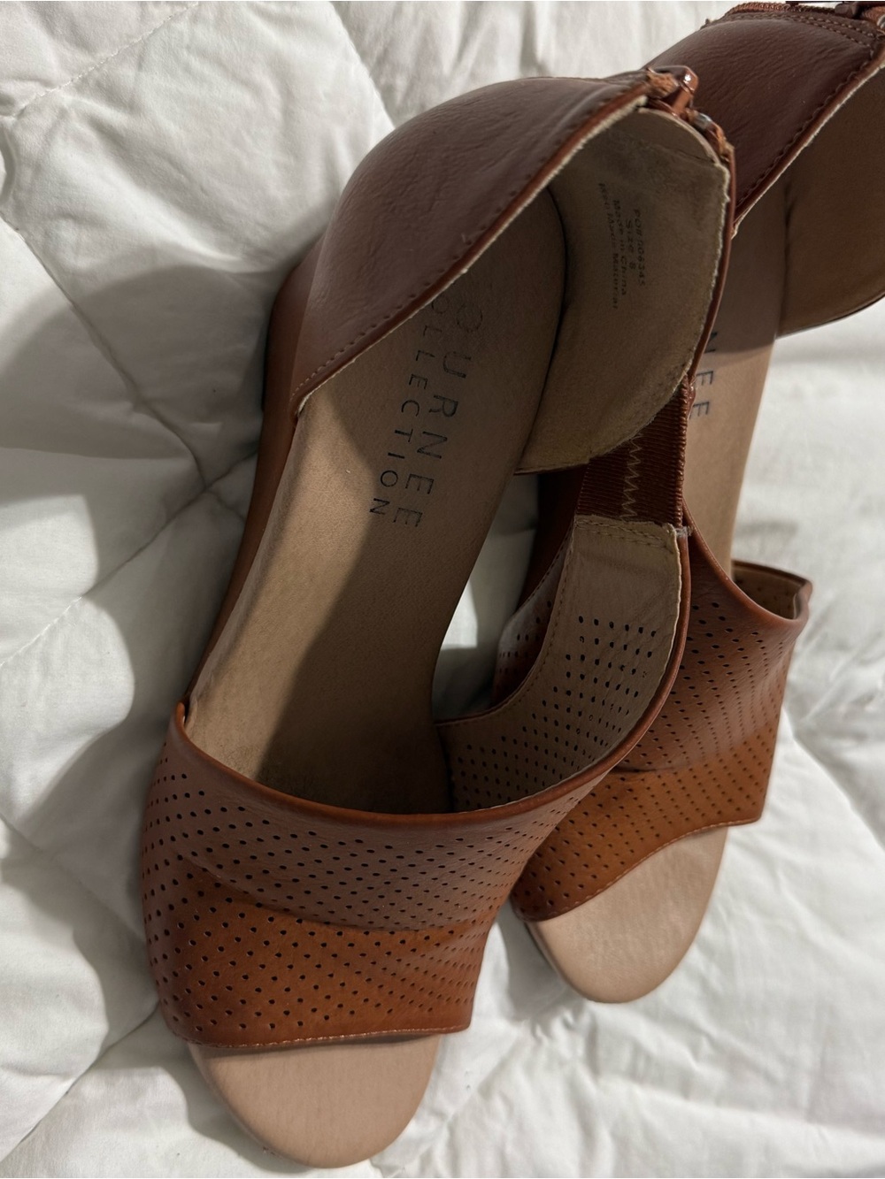 Journee Collection Tan Perforated Open-Toe Wedge Sandals